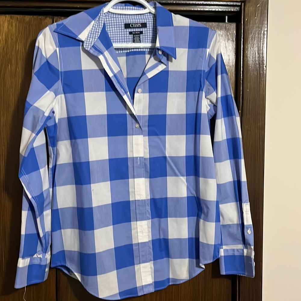 Chaps button down blue and white checked shirt